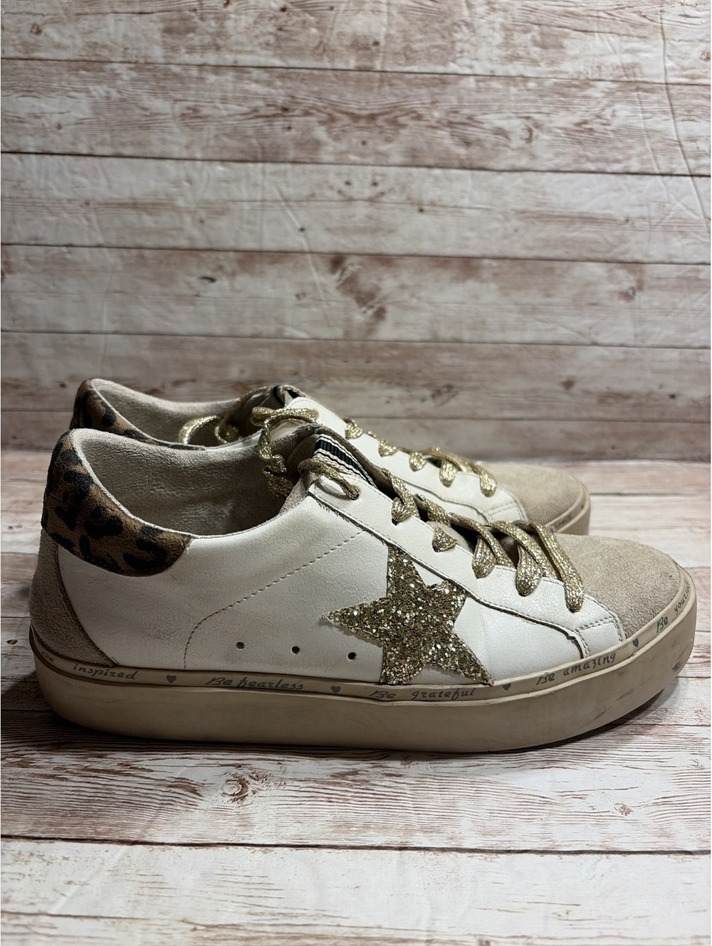 ShuShop Reba Size 8.5 White Leather Sneakers Cheetah Heel Gold Stars - Picture 5 of 13